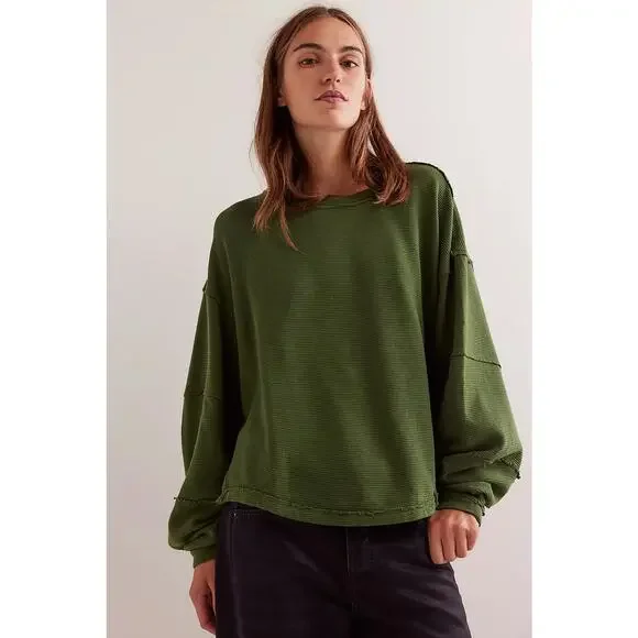 Free People We The Free Total Eclipse Tee Eden Green Ribbed Drop Shoulder S Boho - Picture 1 of 7